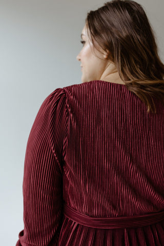 MIDI LENGTH FAUX WRAP PLISSE DRESS IN HOLLY BERRY - Love Marlow