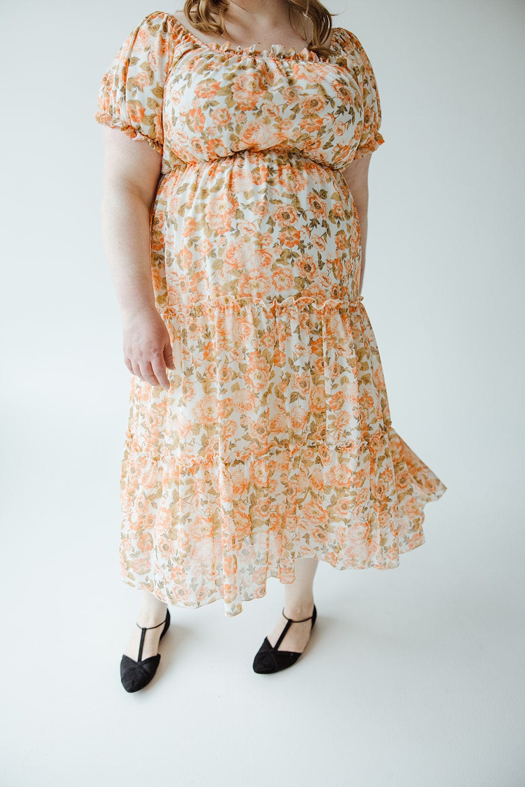 MIDI - LENGTH FLORAL DRESS WITH BUBBLE SLEEVE - Love Marlow
