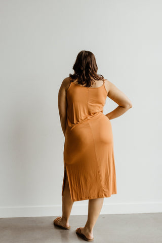 MIDI LENGTH SLIP DRESS IN BRONZE HAZE - 2x - Love Marlow