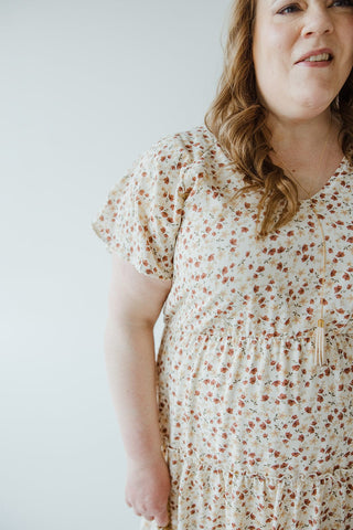 MIDI - LENGTH TIERED FLUTTER SLEEVE FLORAL DRESS IN CINNAMON CLOVE - Love Marlow