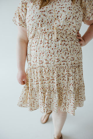 MIDI - LENGTH TIERED FLUTTER SLEEVE FLORAL DRESS IN CINNAMON CLOVE - Love Marlow