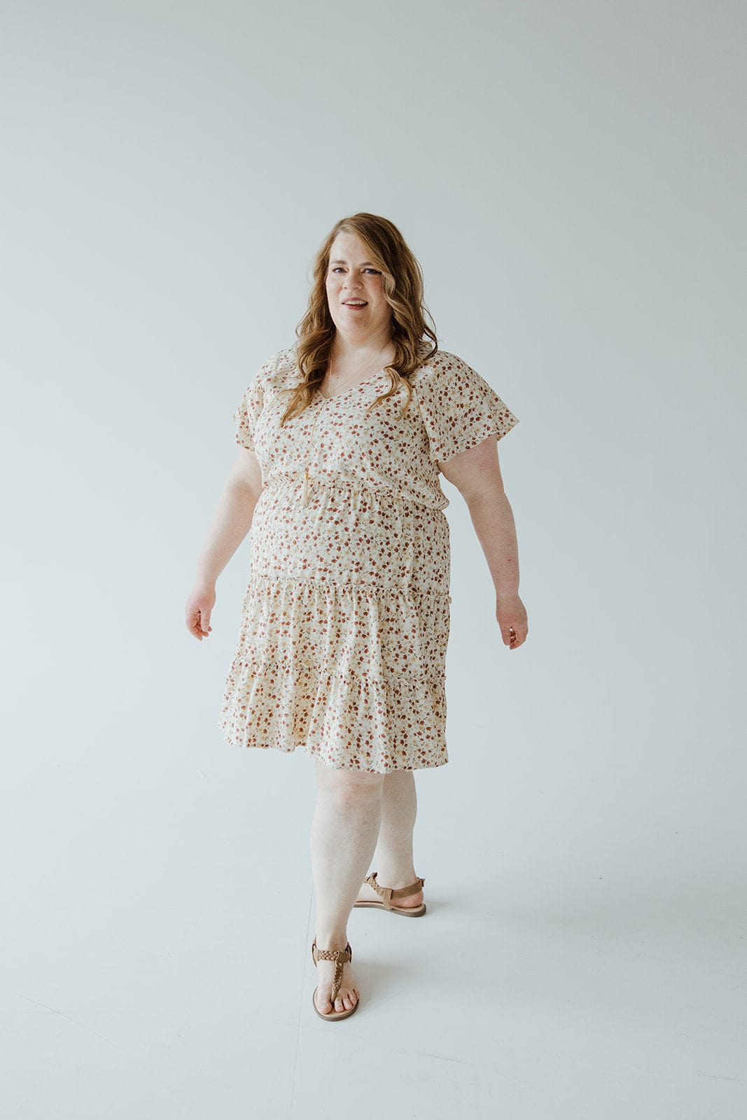 Midi-Length Tiered Flutter Sleeve Floral Dress in Cinnamon Clove 3X / Cinnamon Clove / Final Sale