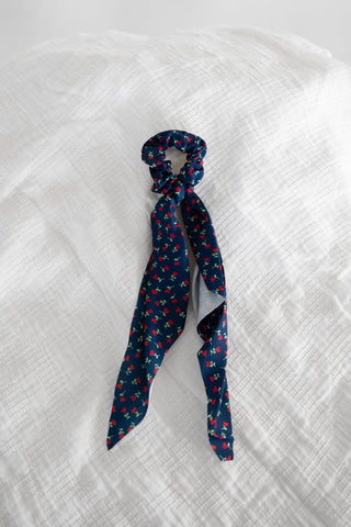 Midnight Bloom Navy Floral Ribbon Bow Scrunchie – Cottagecore Hair Tie - Love Marlow