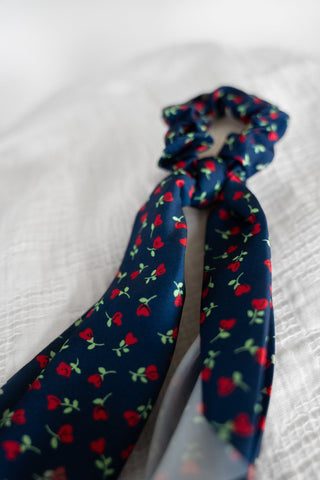 Midnight Bloom Navy Floral Ribbon Bow Scrunchie – Cottagecore Hair Tie - Love Marlow
