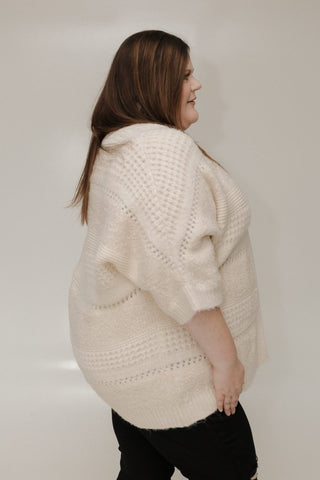 MIXED KNIT 3/4 SLEEVE CARDIGAN IN PARCHMENT - Love Marlow