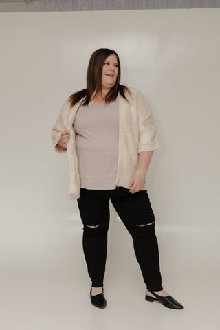 MIXED KNIT 3/4 SLEEVE CARDIGAN IN PARCHMENT - Love Marlow