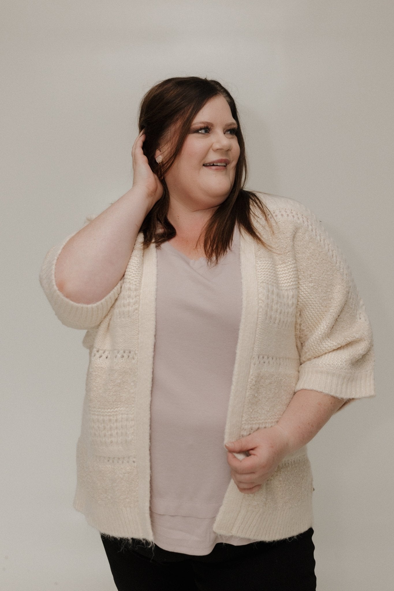 MIXED KNIT 3/4 SLEEVE CARDIGAN IN PARCHMENT - Love Marlow