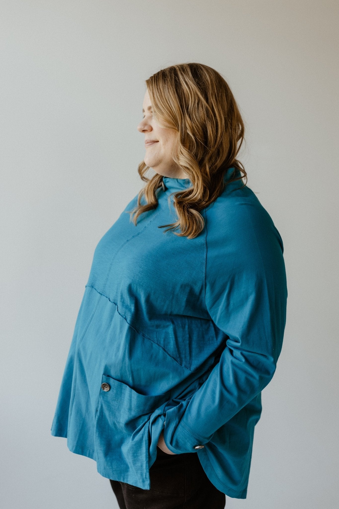 MOCK COWL NECK TUNIC WITH EMPIRE WAIST SEAM IN BALI BLISS - Love Marlow