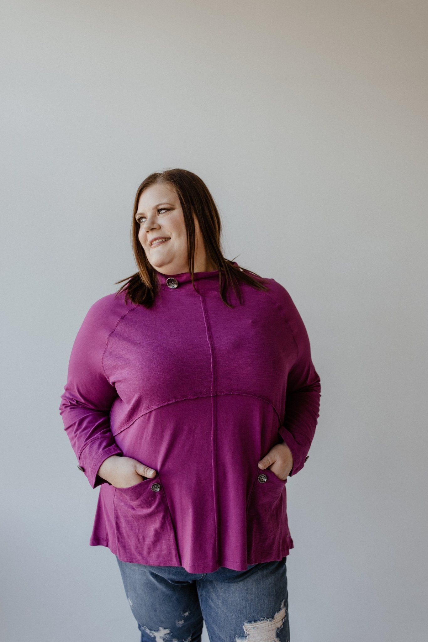 MOCK COWL NECK TUNIC WITH EMPIRE WAIST SEAM IN WINTER ORCHID - Love Marlow