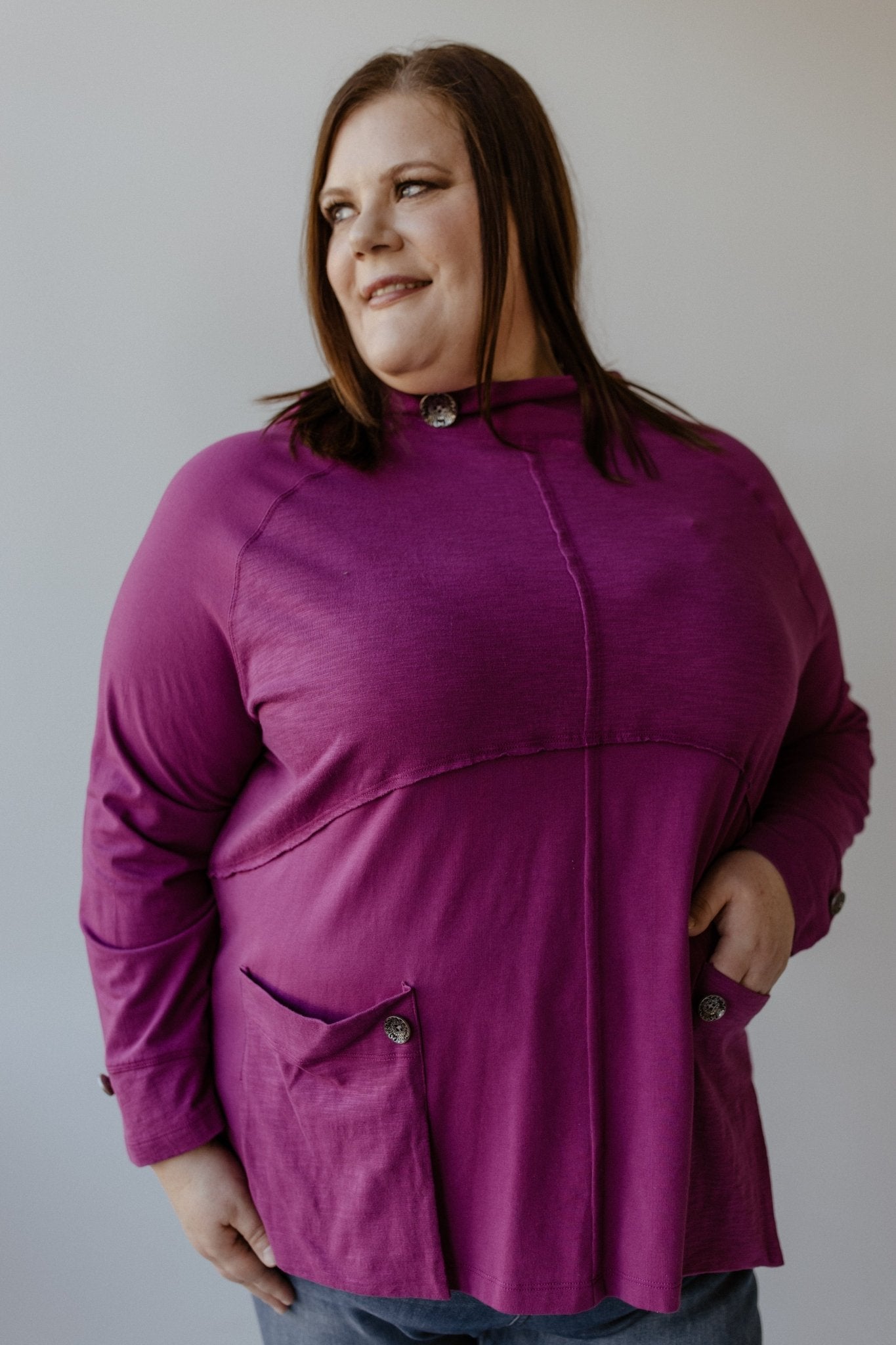 MOCK COWL NECK TUNIC WITH EMPIRE WAIST SEAM IN WINTER ORCHID - Love Marlow