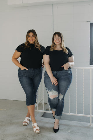 MOCK NECK RIBBED TEE IN BLACK - Love Marlow