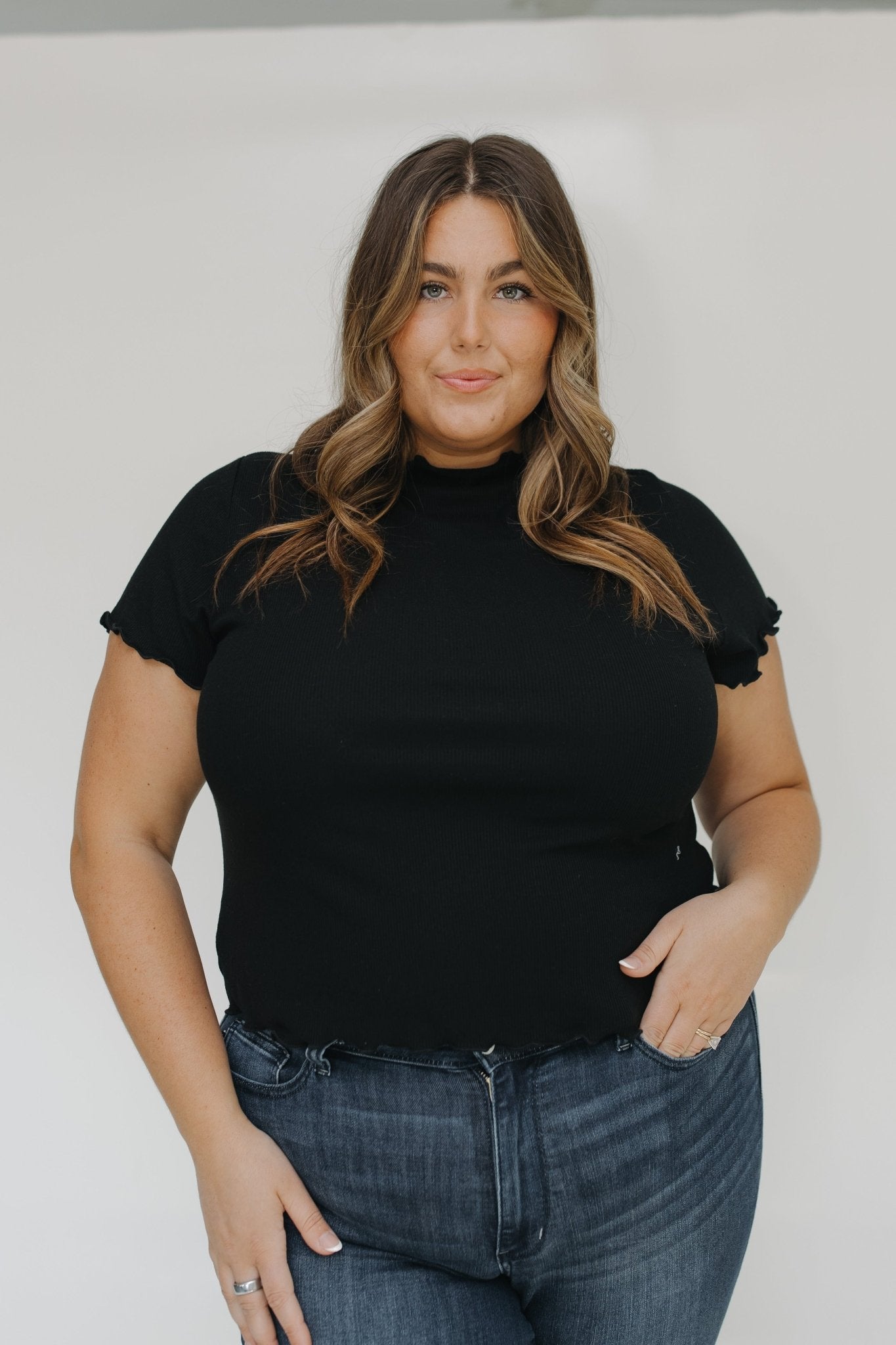 MOCK NECK RIBBED TEE IN BLACK - Love Marlow