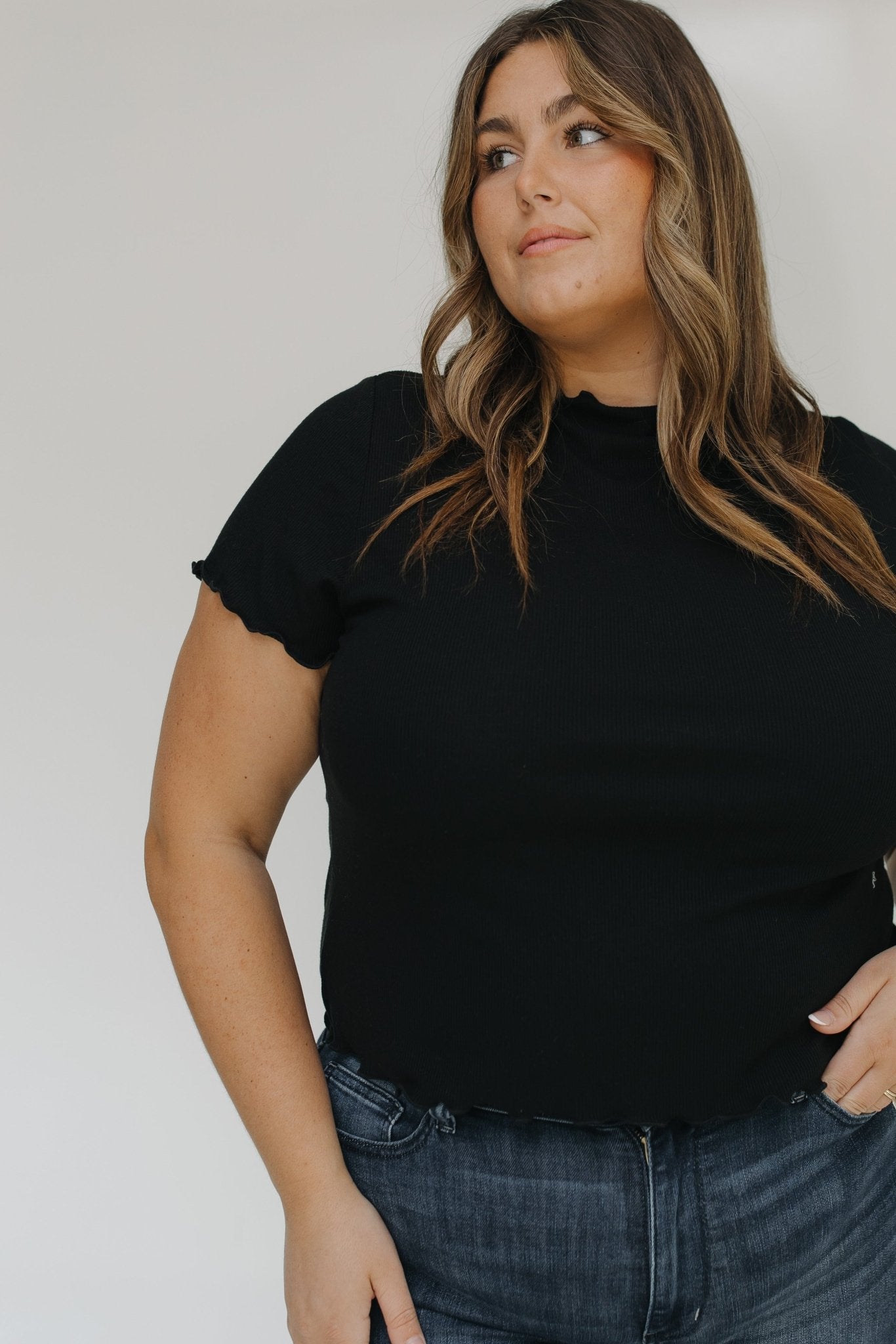 MOCK NECK RIBBED TEE IN BLACK - Love Marlow