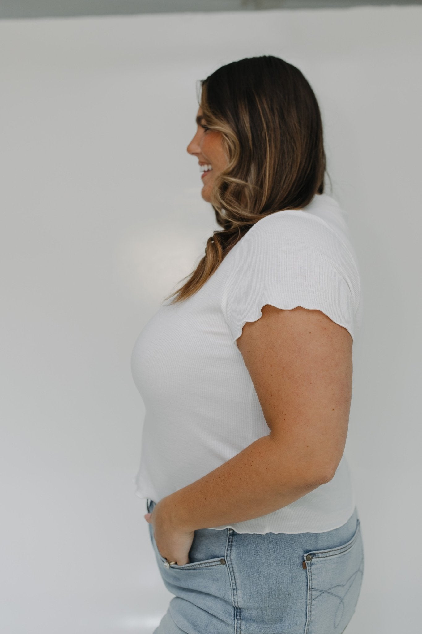 MOCK NECK RIBBED TEE IN IVORY - Love Marlow