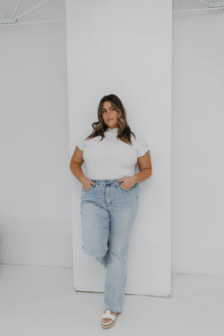MOCK NECK RIBBED TEE IN IVORY - Love Marlow