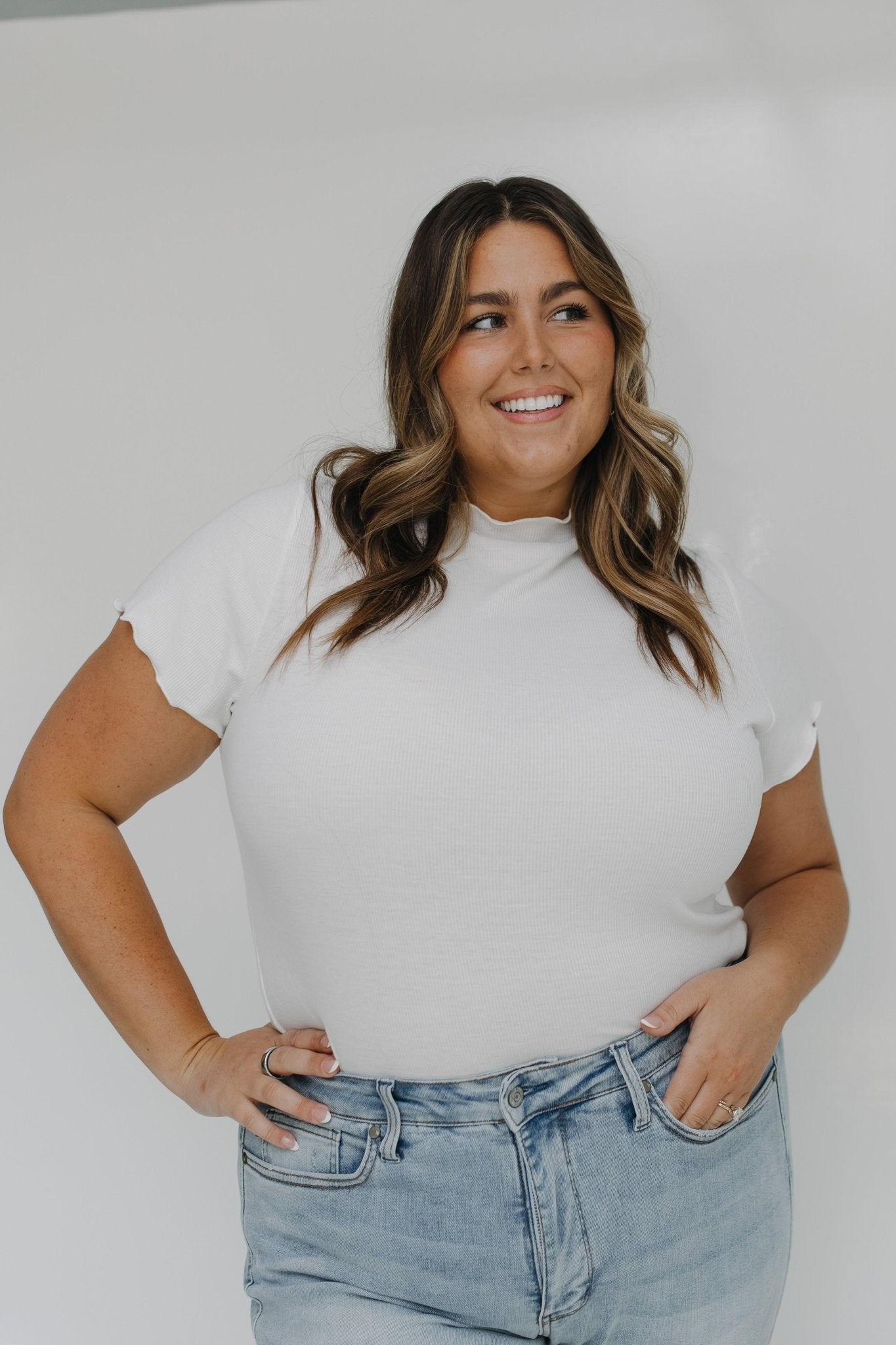 MOCK NECK RIBBED TEE IN IVORY - Love Marlow