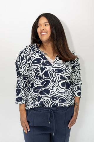 Navy Floral Puff Sleeve Tunic Blouse - Love Marlow