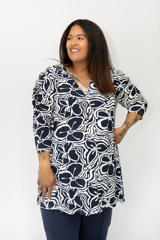 Navy Floral Puff Sleeve Tunic Blouse - Love Marlow