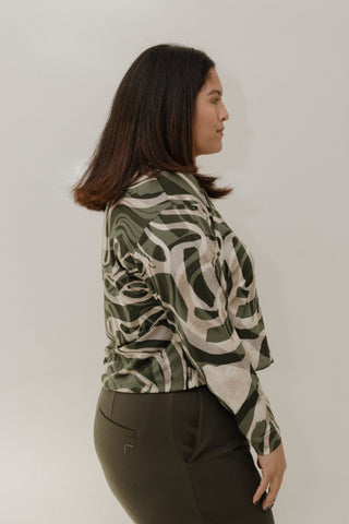 Olive Swirl Print Knit Top – V - Neck Long Sleeve - Love Marlow
