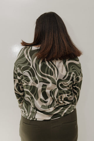 Olive Swirl Print Knit Top – V - Neck Long Sleeve - Love Marlow