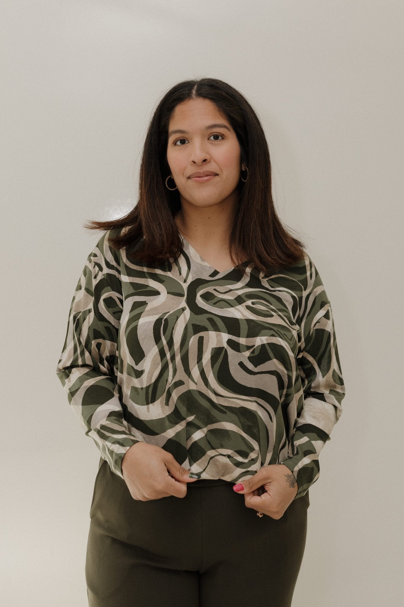 Olive Swirl Print Knit Top – V - Neck Long Sleeve - Love Marlow