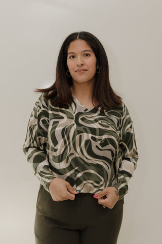 Olive Swirl Print Knit Top – V - Neck Long Sleeve - Love Marlow