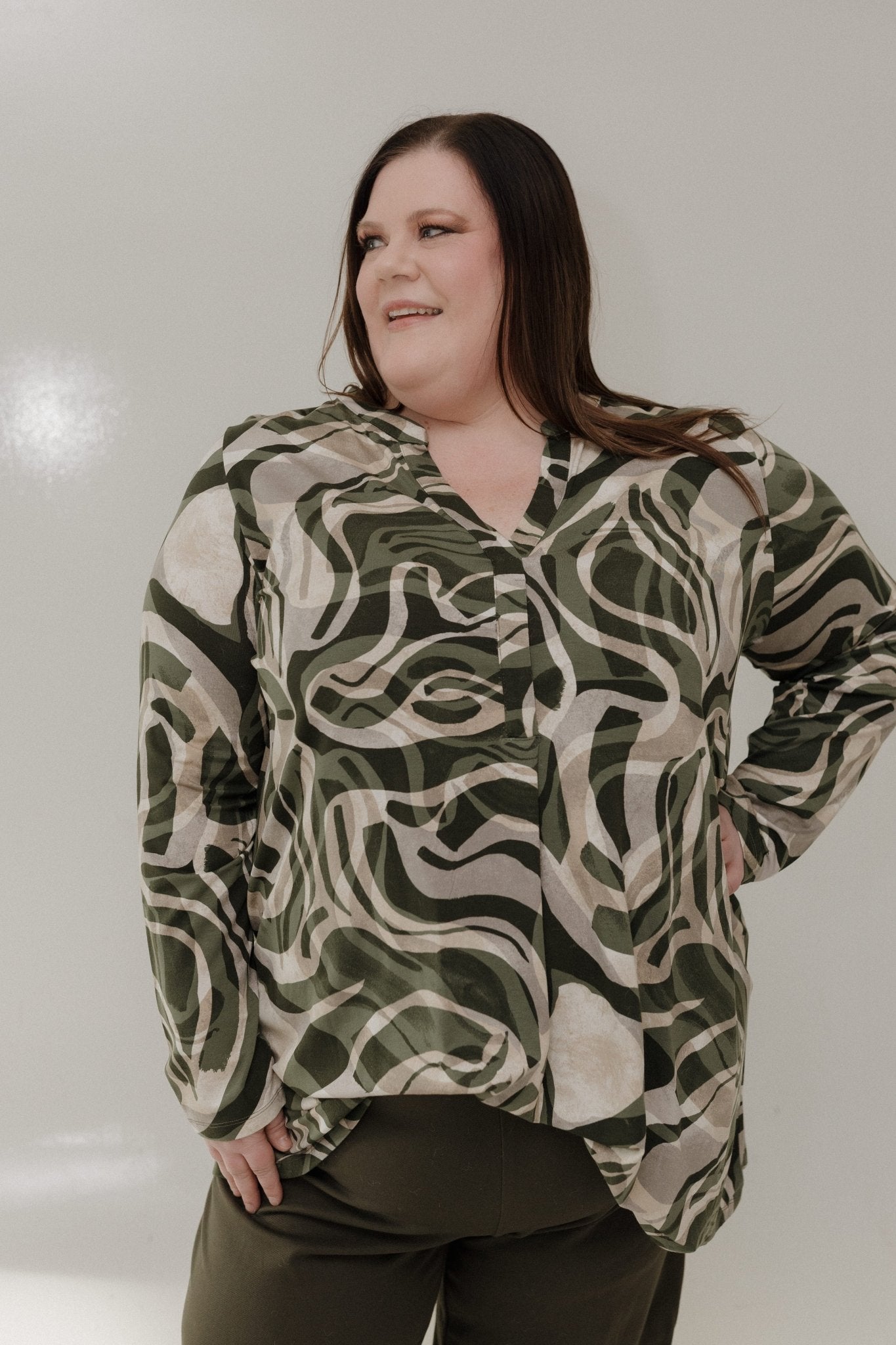 Olive Swirl V - Neck Tunic Tee – Long Sleeve - Love Marlow