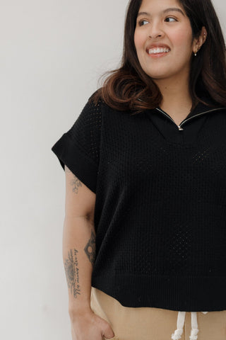 Open Weave Knit Half - Zip Sweater - Black - Love Marlow