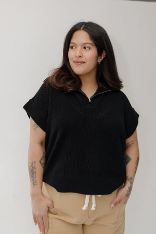 Open Weave Knit Half - Zip Sweater - Black - Love Marlow