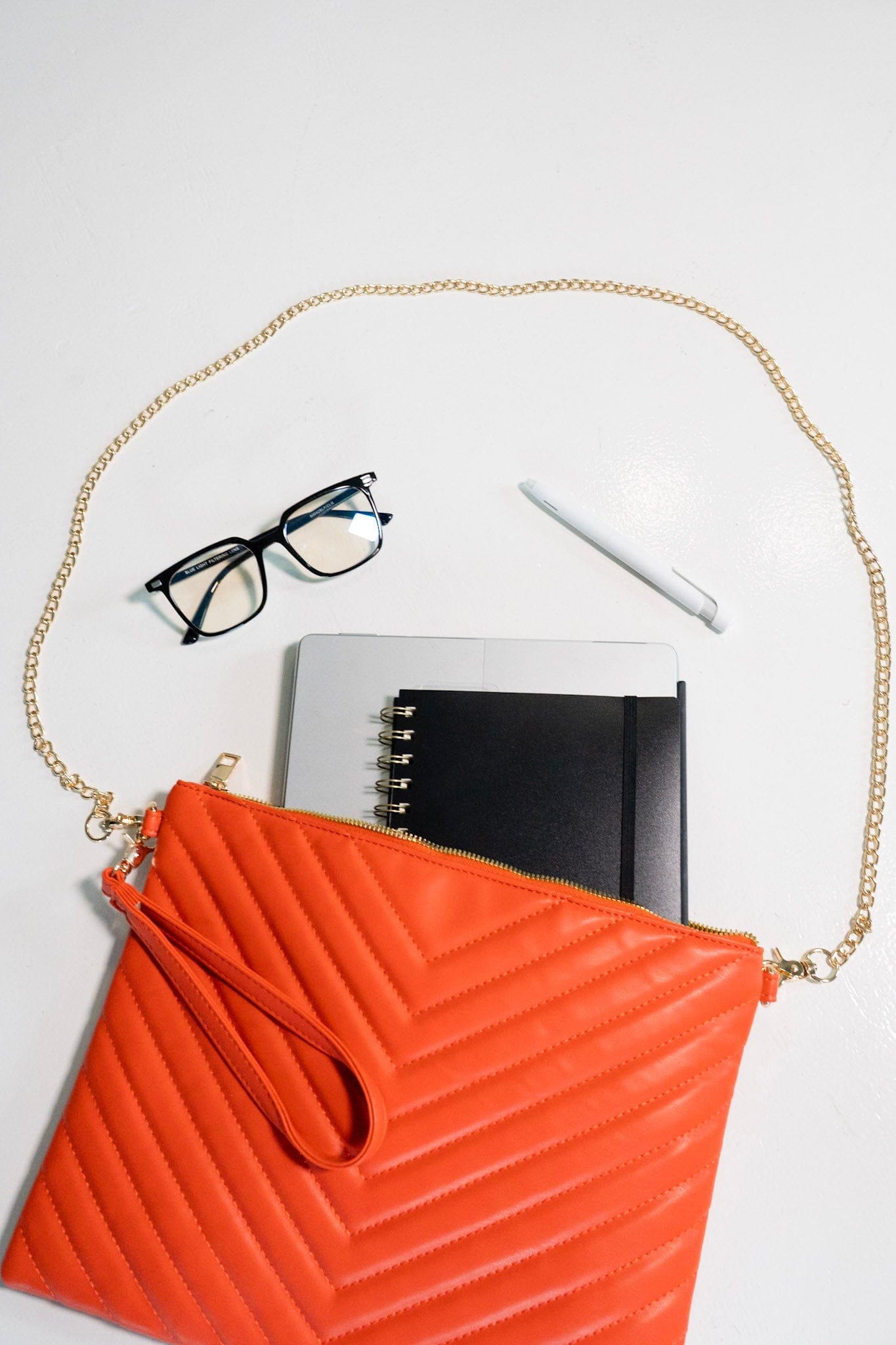 ORANGE QUILTED LAPTOP SLEEVE CROSSBODY FAUX LEATHER WITH GOLD CHAIN STRAP LIGHTWEIGHT & STYLISH - Love Marlow