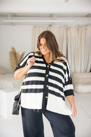 Oversized Popcorn Knit Striped Cardigan – Ivory & Black - Love Marlow