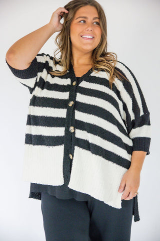Oversized Popcorn Knit Striped Cardigan – Ivory & Black - Love Marlow