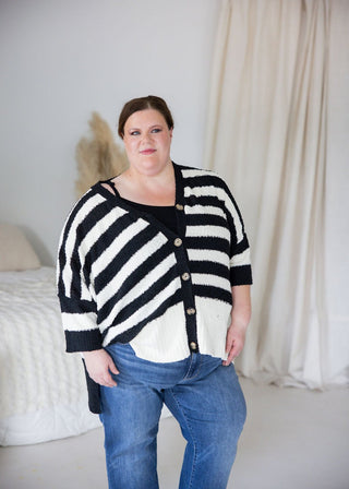 Oversized Popcorn Knit Striped Cardigan – Ivory & Black - Love Marlow