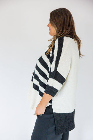 Oversized Popcorn Knit Striped Cardigan – Ivory & Black - Love Marlow