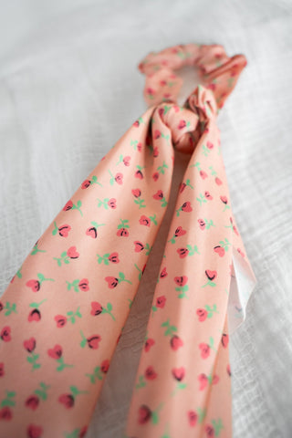 Peach Floral Long Bow Scrunchie | Romantic Ribbon Hair Tie - Love Marlow