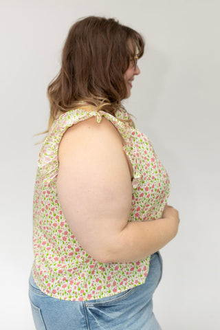Pintuck Flutter Blouse in Bright Peony and Lime - Love Marlow