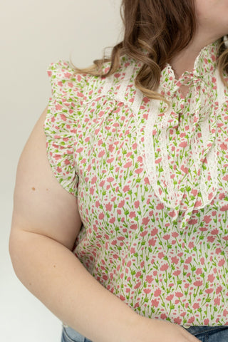 Pintuck Flutter Blouse in Bright Peony and Lime - Love Marlow