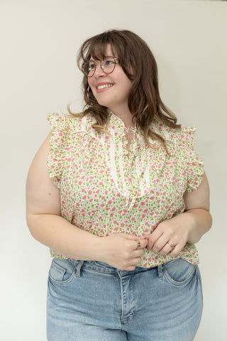 Pintuck Flutter Blouse in Bright Peony and Lime - Love Marlow