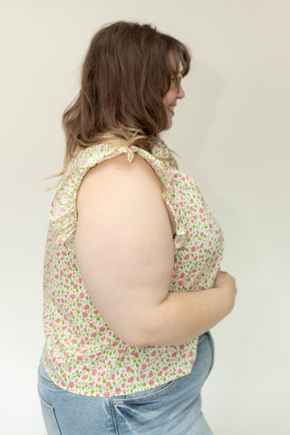 Pintuck Flutter Blouse in Bright Peony and Lime - Love Marlow