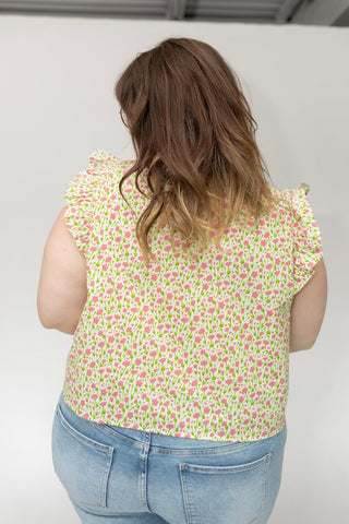 Pintuck Flutter Blouse in Bright Peony and Lime - Love Marlow