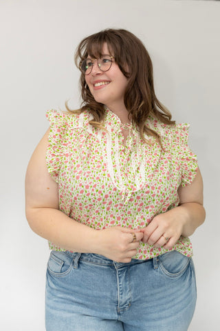 Pintuck Flutter Blouse in Bright Peony and Lime - Love Marlow