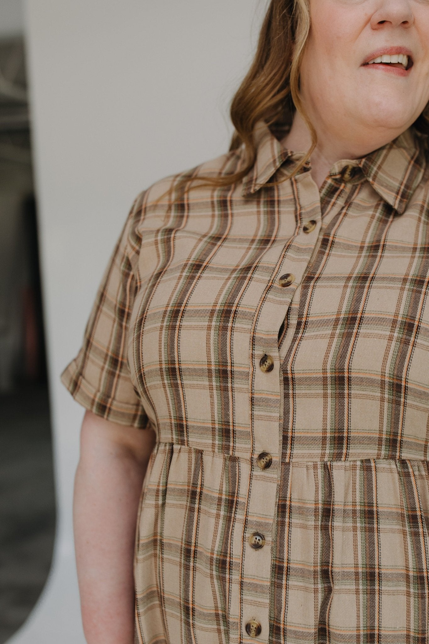 PLAID BUTTON FRONT DRESS IN WOVEN WICKER - Love Marlow