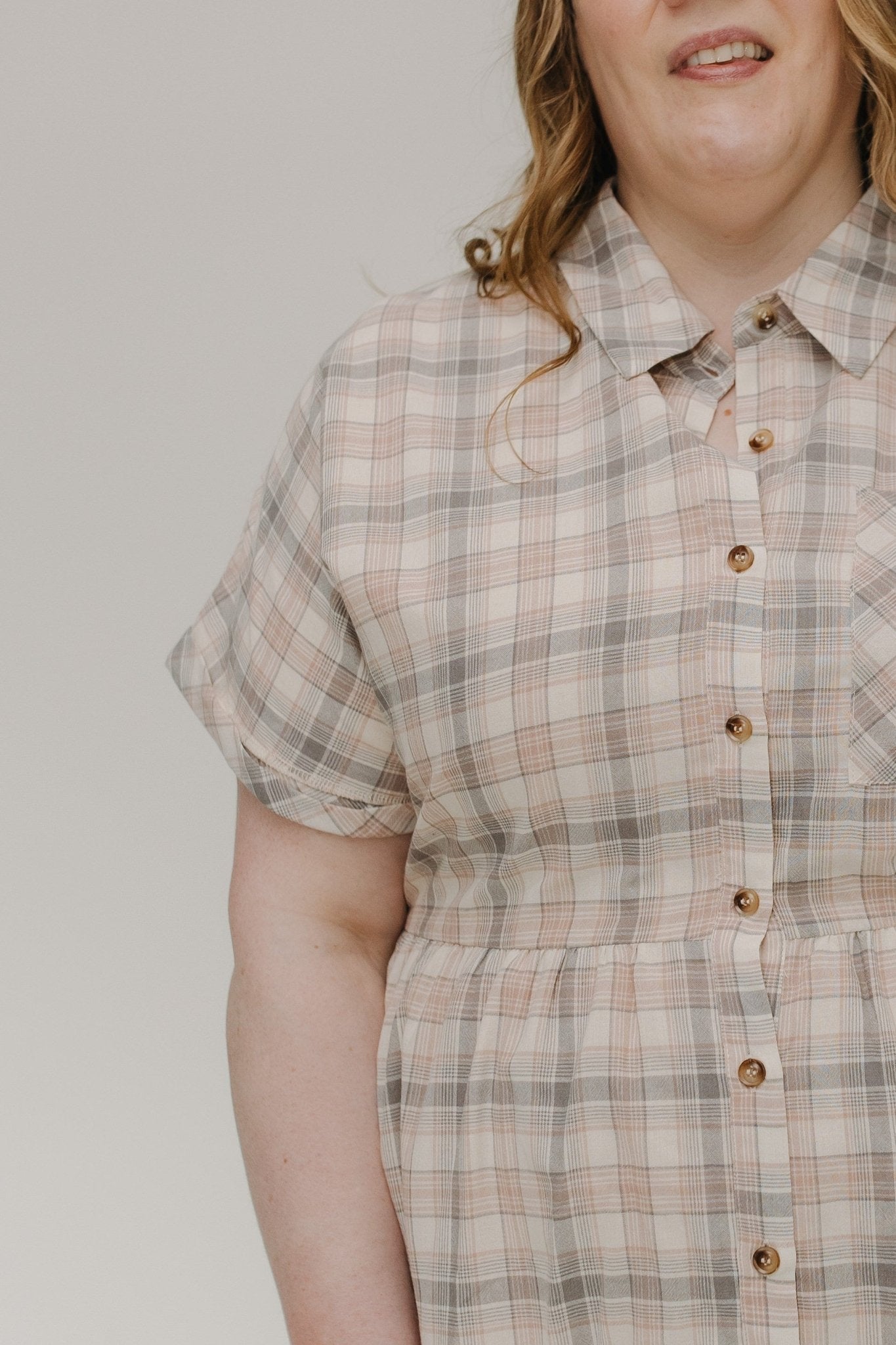 PLAID BUTTON FRONT DRESS WITH KICK HEM - Love Marlow