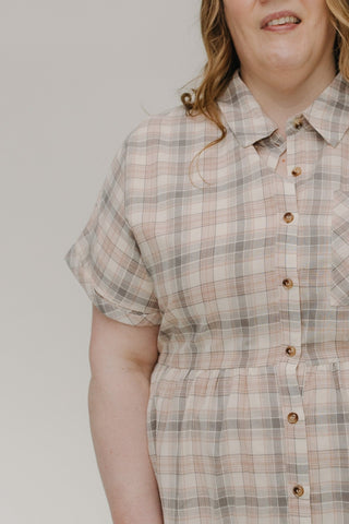PLAID BUTTON FRONT DRESS WITH KICK HEM - Love Marlow