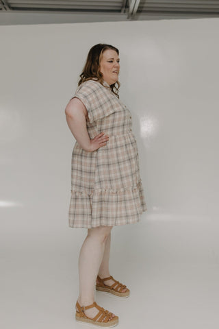PLAID BUTTON FRONT DRESS WITH KICK HEM - Love Marlow