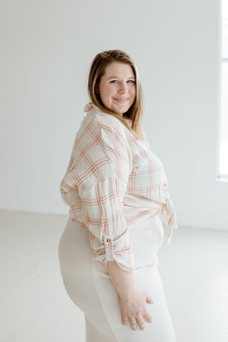PLAID BUTTON - UP BLOUSE WITH TIE IN OFF WHITE AND CORAL - Love Marlow