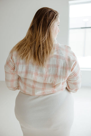PLAID BUTTON - UP BLOUSE WITH TIE IN OFF WHITE AND CORAL - Love Marlow