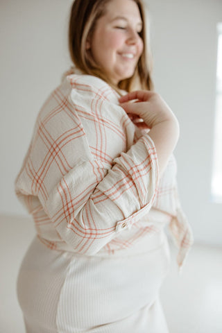 PLAID BUTTON - UP BLOUSE WITH TIE IN OFF WHITE AND CORAL - Love Marlow