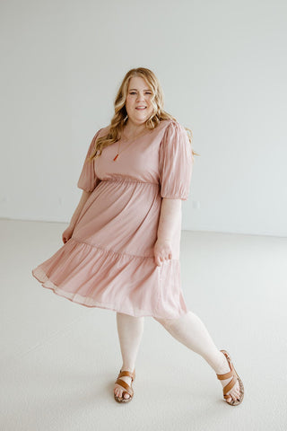PLEATED BUBBLE SLEEVE KNEE LENGTH DRESS IN ANTIQUE ROSE - Love Marlow