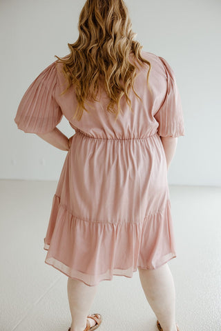PLEATED BUBBLE SLEEVE KNEE LENGTH DRESS IN ANTIQUE ROSE - Love Marlow